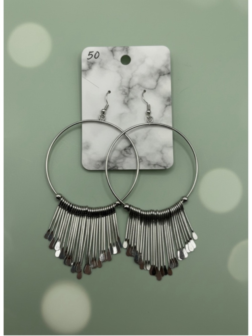 Silver Fringe Hoop Earrings Statement Dangle Boho Festival Jewelry NWOT